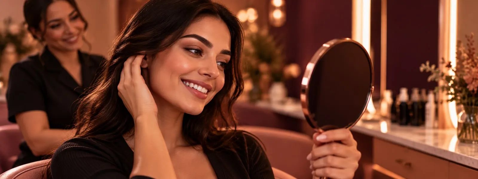 Client smiling at her freshly shaped brows in a hand mirror at Brow Thread