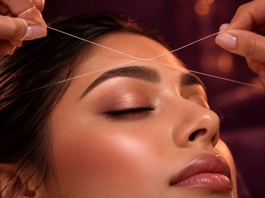 Brow artist threading an eyebrow with twisted cotton thread